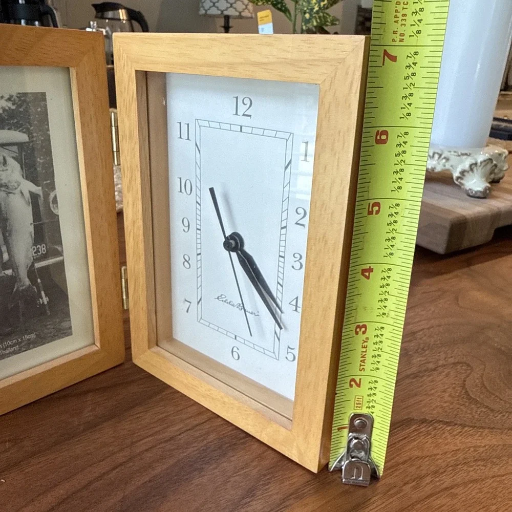 Eddie Bauer Desk Clock Photo Frame Combo Wood Foldable Tabletop Decor Cabin